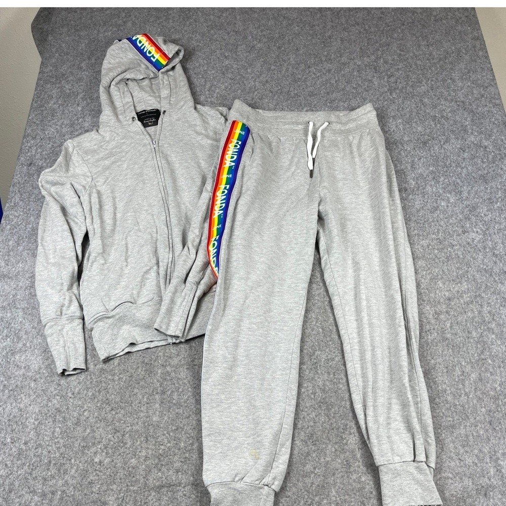 VTG Jane Fonda Workout Jogger Set Large Gray Rainbow Live Intentionally Logo USA